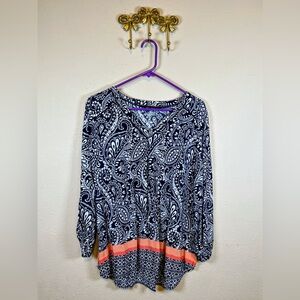 St. John's Bay Navy and White paisley Motif with Coral Striping Blouse. Size XL